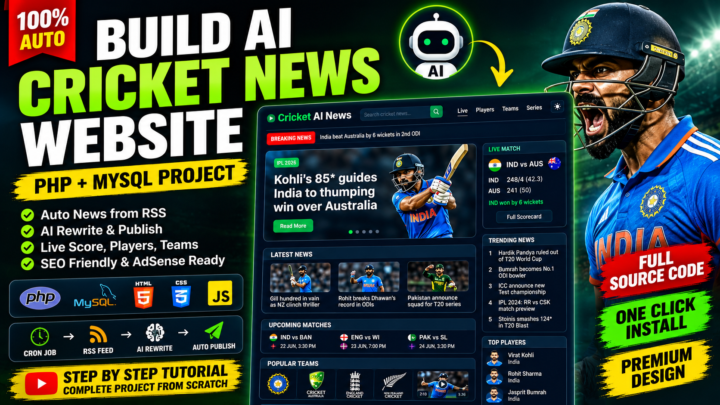 AI Cricket News CMS – Fully Automated Cricket News Website in PHP with RSS, AI Rewrite, Live Scores & Admin Panel